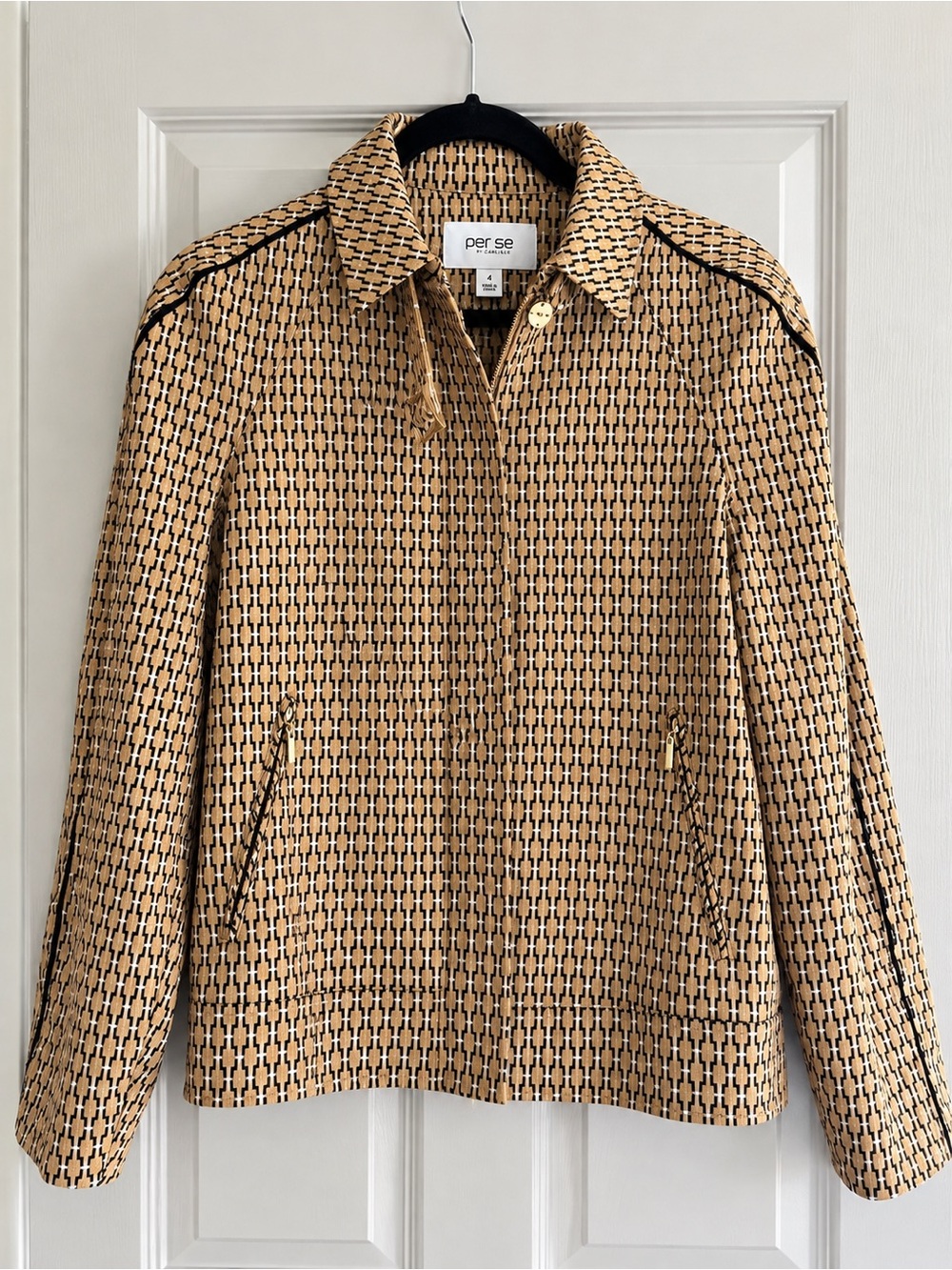 Per Se Tan and Black Patterned Zip-Front Blazer